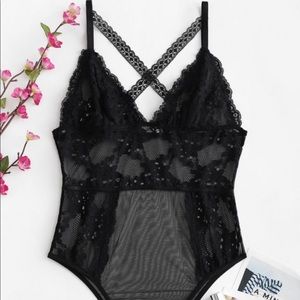 Sheer floral lace teddy bodysuit